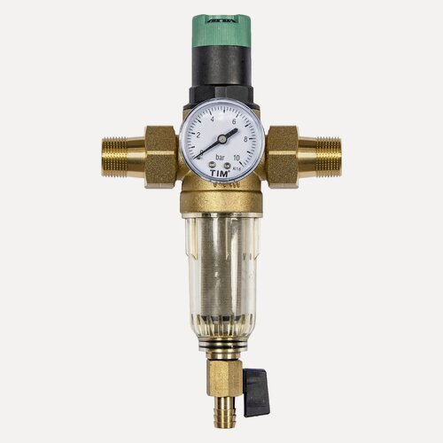 Изображение товара Фильтр с редуктором давления 3/4" самоочищающийся с манометром, американками и дренажем, прозрачная колба, TIM, JH-2008