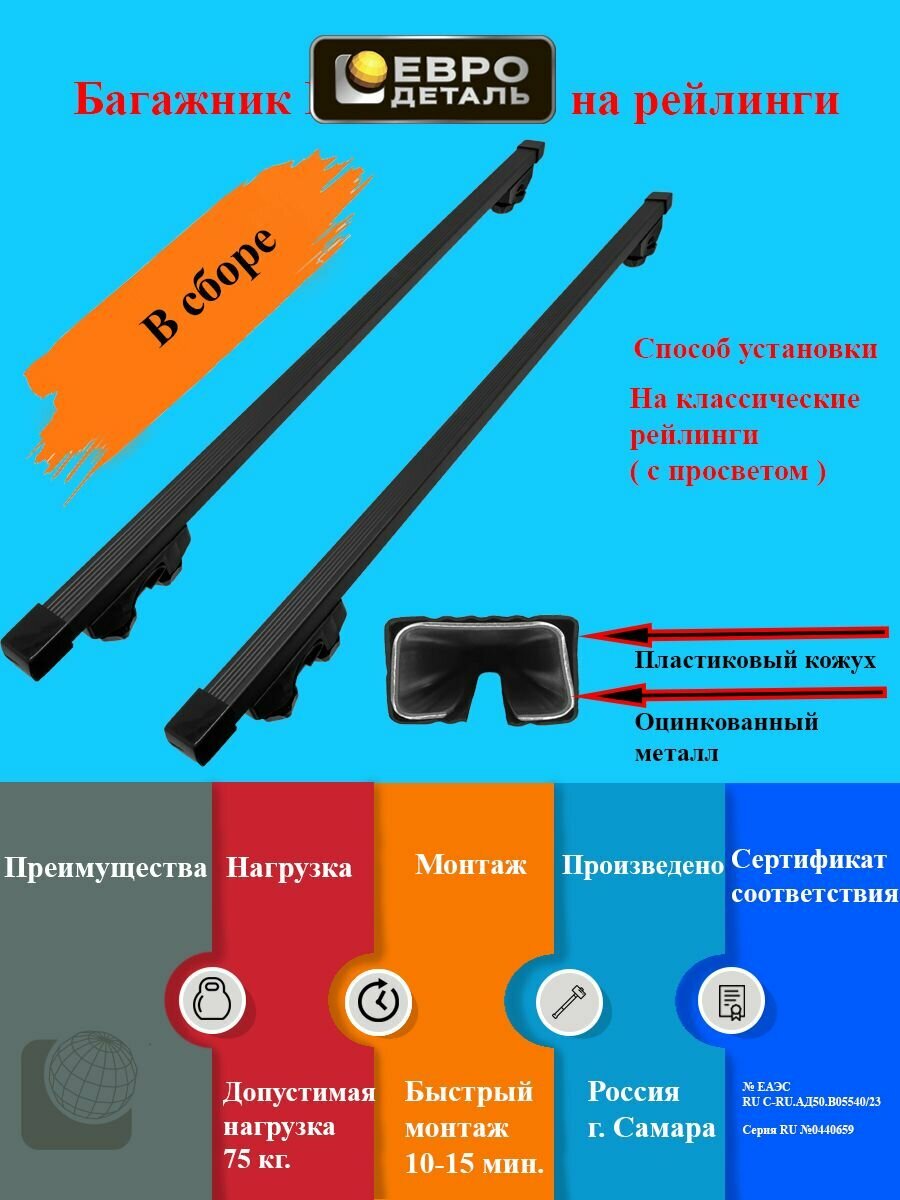 Багажник на стандартные рейлинги/ Москвич-3 2022- н. в. Внедорожник (5д) длина 110 см. Металлический, черный Евродеталь