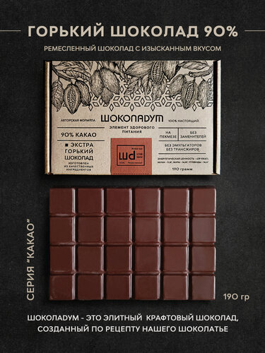 Изображение товара Горький шоколад 90% без наполнителей и орехов, без сахара, 190 гр