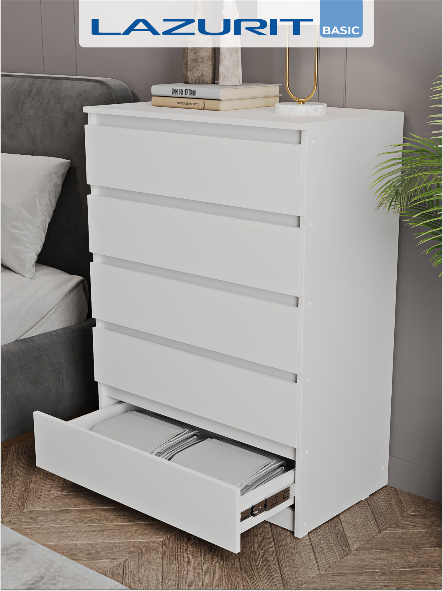 Комод для одежды большой белый Lazurit Эльбрус высокий прихожую узкий под телевизор ящиками 46х80х111 для новорожденных