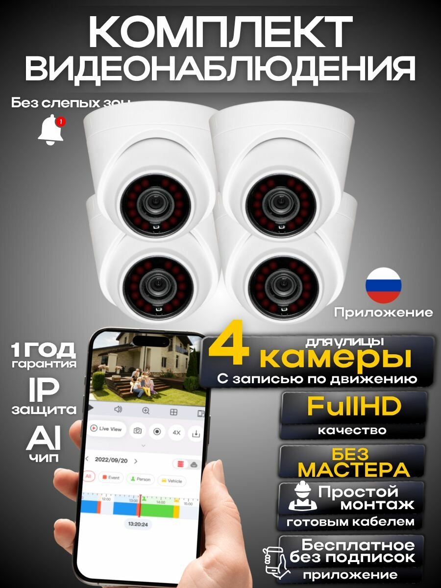 Комплект видеонаблюдения с готовыми кабелями, 4 камеры 2Мп, Ucam