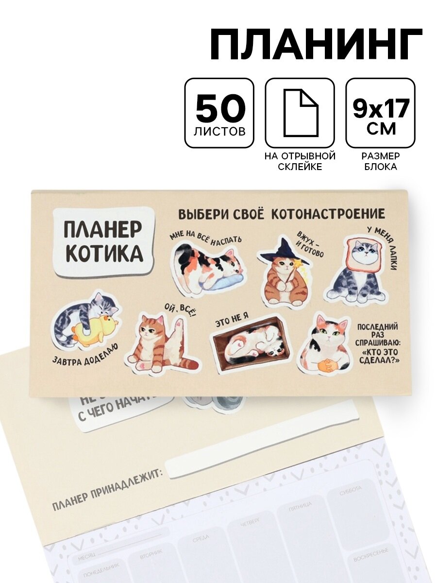 Планинг с отрывными листами 50 л "Планер котика" бежевый 9 х 17 см
