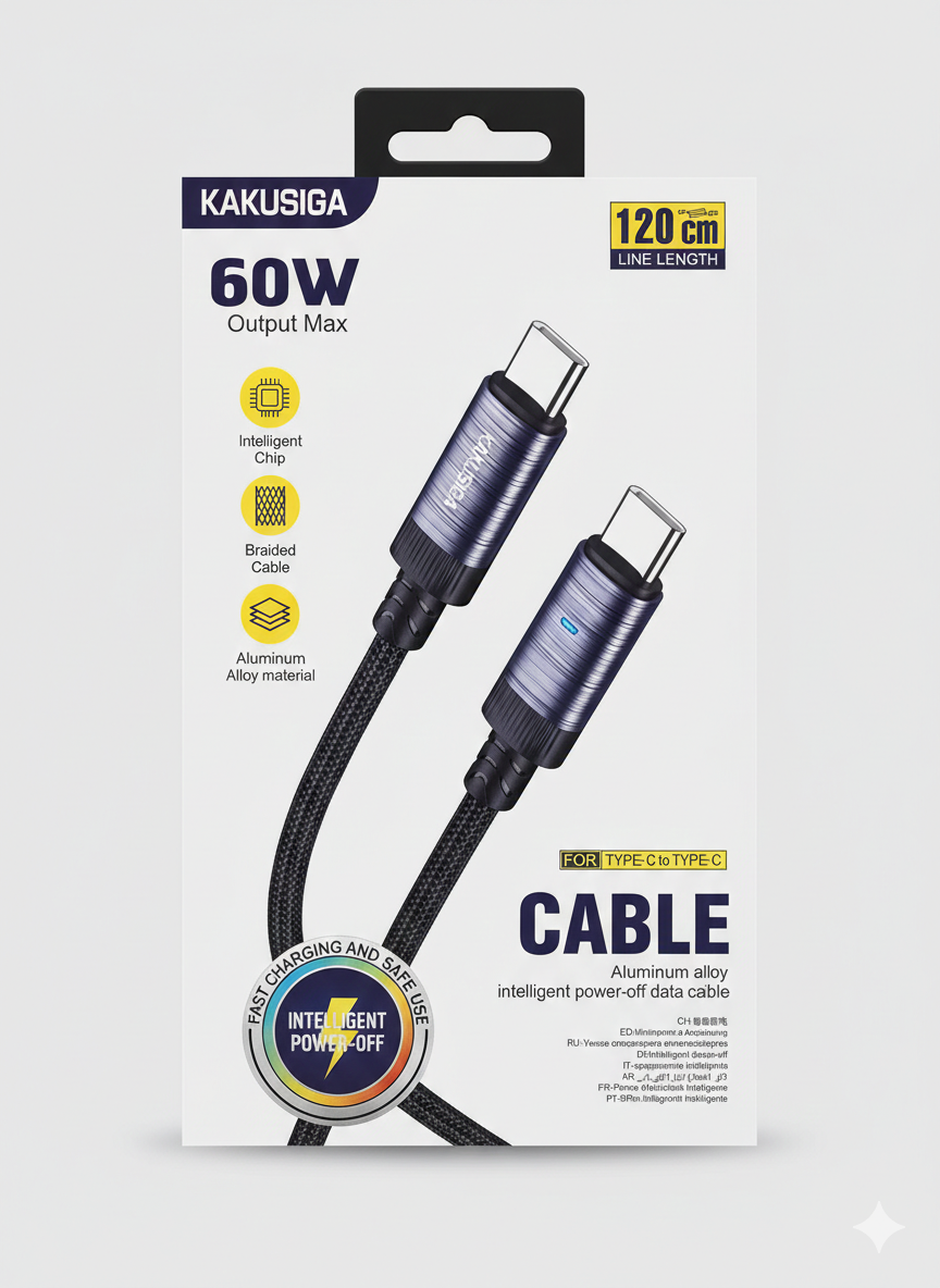 Кабель Type-C → Type-C для KAKUSIGA 60 Вт, 120 см, быстрая зарядка, прочный плетеный кабель.