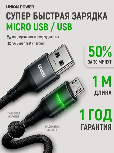 Изображение товара Кабель USB / microUSB, 1 метр в тканевой оплетке, черный - Union