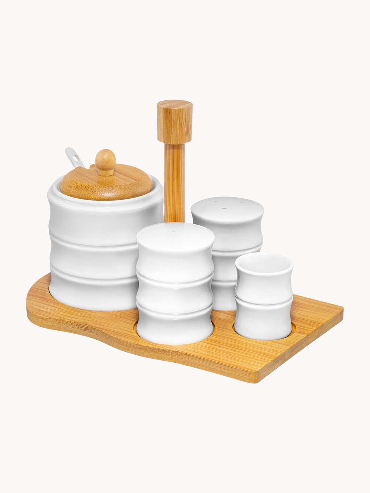 Набор Elan Gallery Бамбук Сахарница 320 мл с ложкой, солонка, перечница, вазочка под зубочистки, на подставке с ручкой