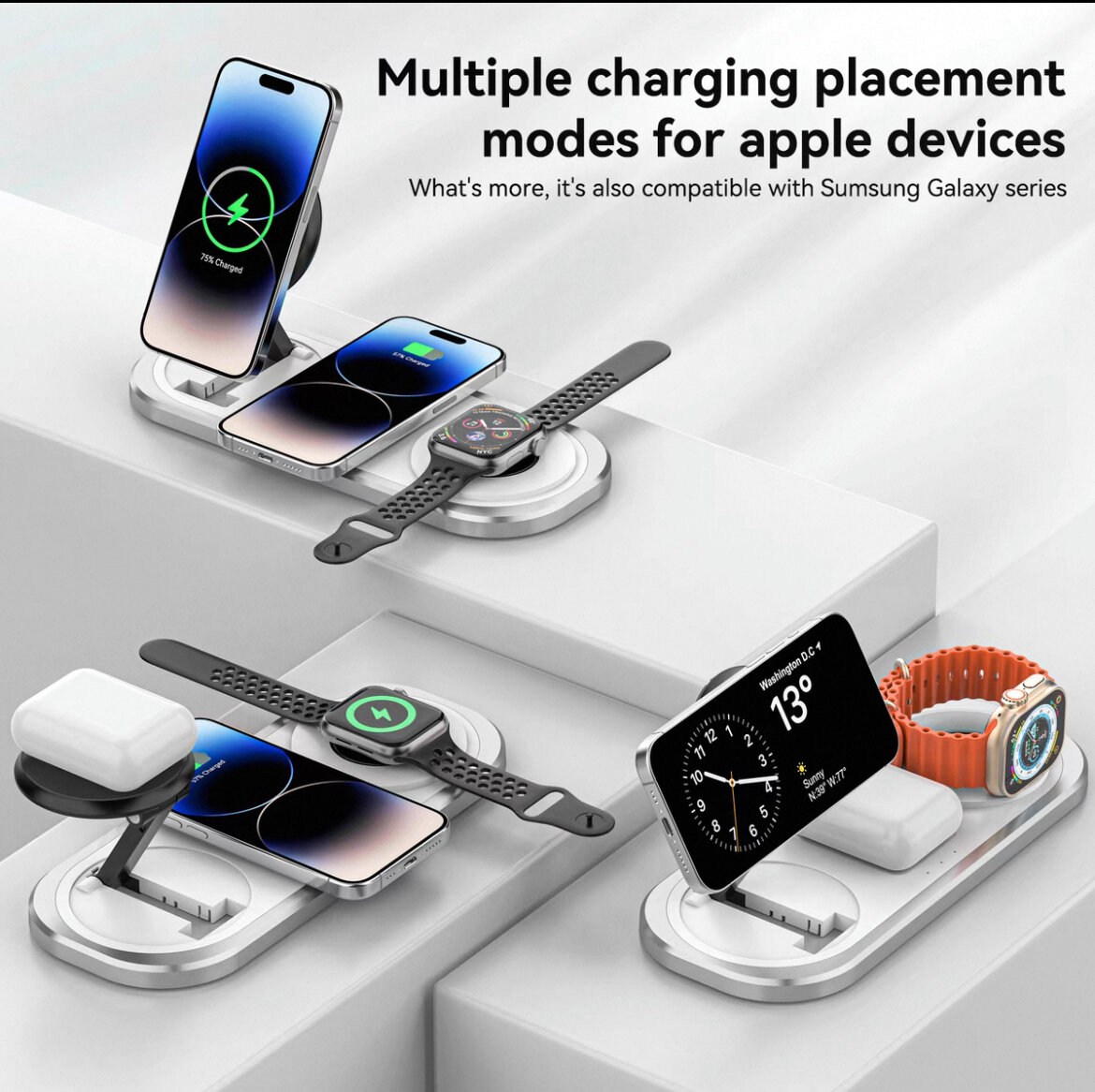Беспроводная зарядная станция 3в1, зарядка MagSafe для телефона, часов, наушников, портативная зарядка, белый — фото 1