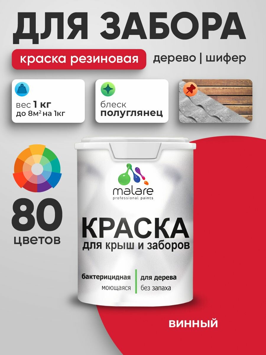 Резиновая краска Malare для деревянного забора/ по дереву для наружных и внутренних работ/ быстросохнущая моющаяся без запаха полуглянцевая, винный бордо, 1 кг.