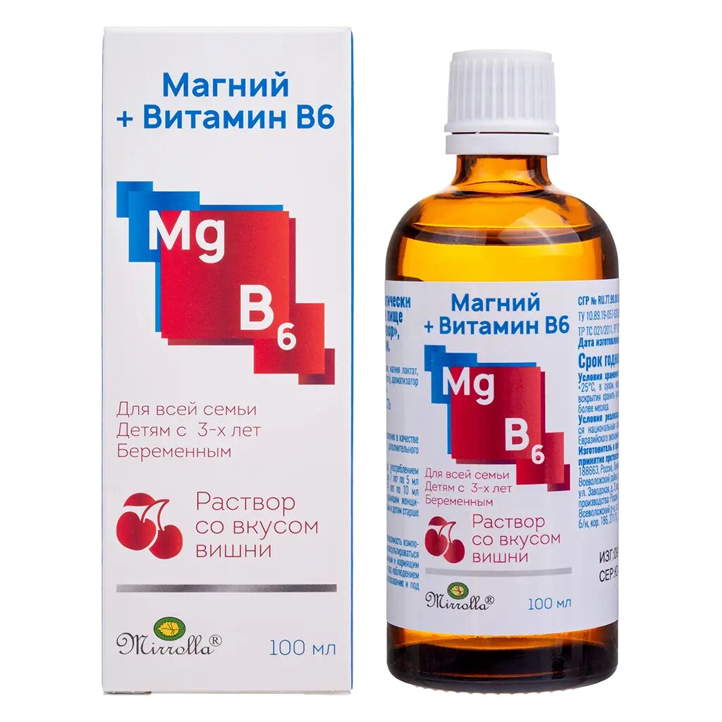 Mirrolla Магний Витамин B6 раствор со вкусом вишни 100 мл 1 шт