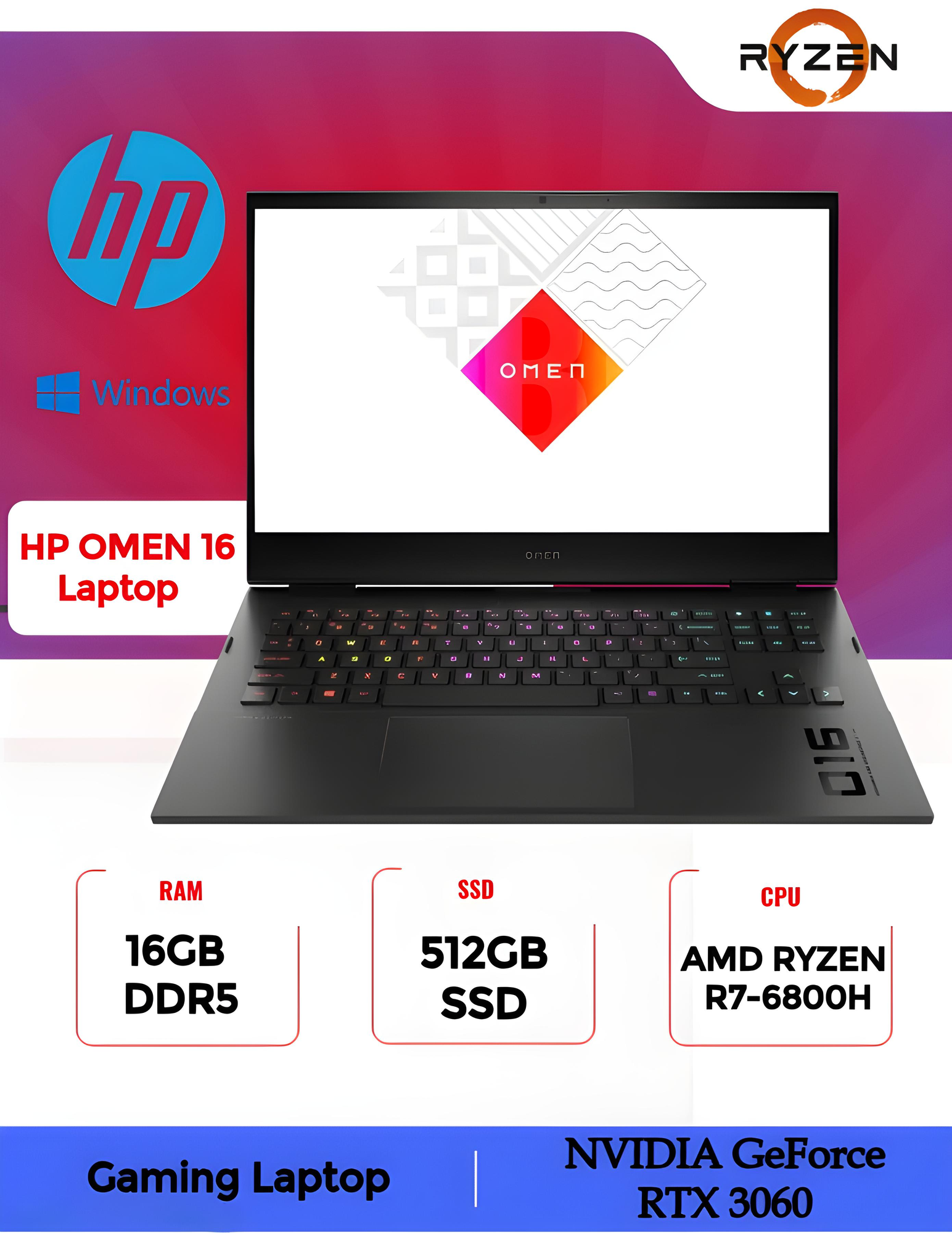 Ноутбук HP OMEN 16-n0003ci (6G6S0EA) / AMD R7-6800H / 16GB / SSD 512GB / RTX3060 6GB / Windows 11 Home / 16.1", cерый