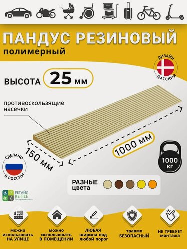 Изображение товара Пандус резиновый рубеж для порогов высотой 2,5 см (25х1000х150 мм), бежевый, для колясок, склада и автомобилей