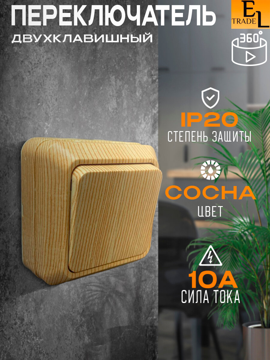 Выключатель двухклавишный открытой установки сосна, IP20, 10А, Ладога