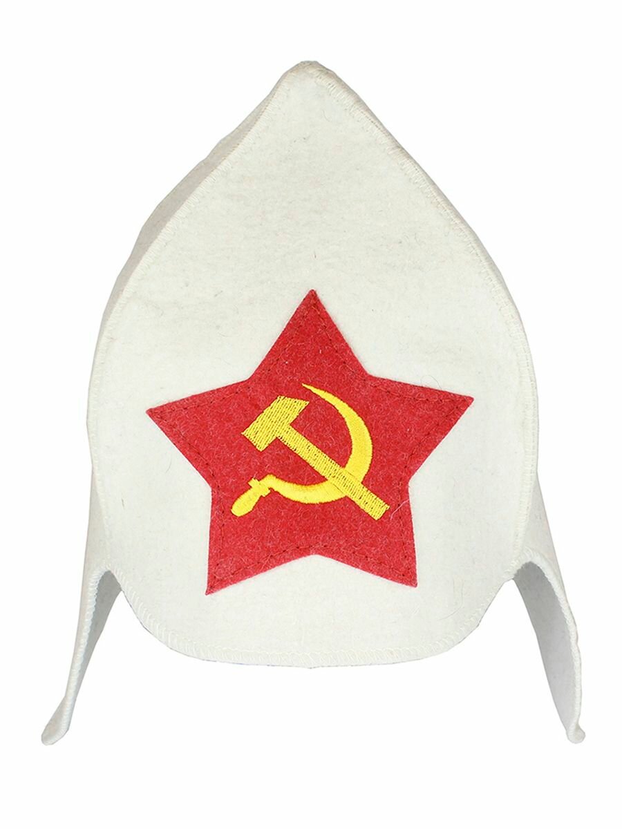 Буденовка для бани "Серп и молот" (100% шерсть, белая)