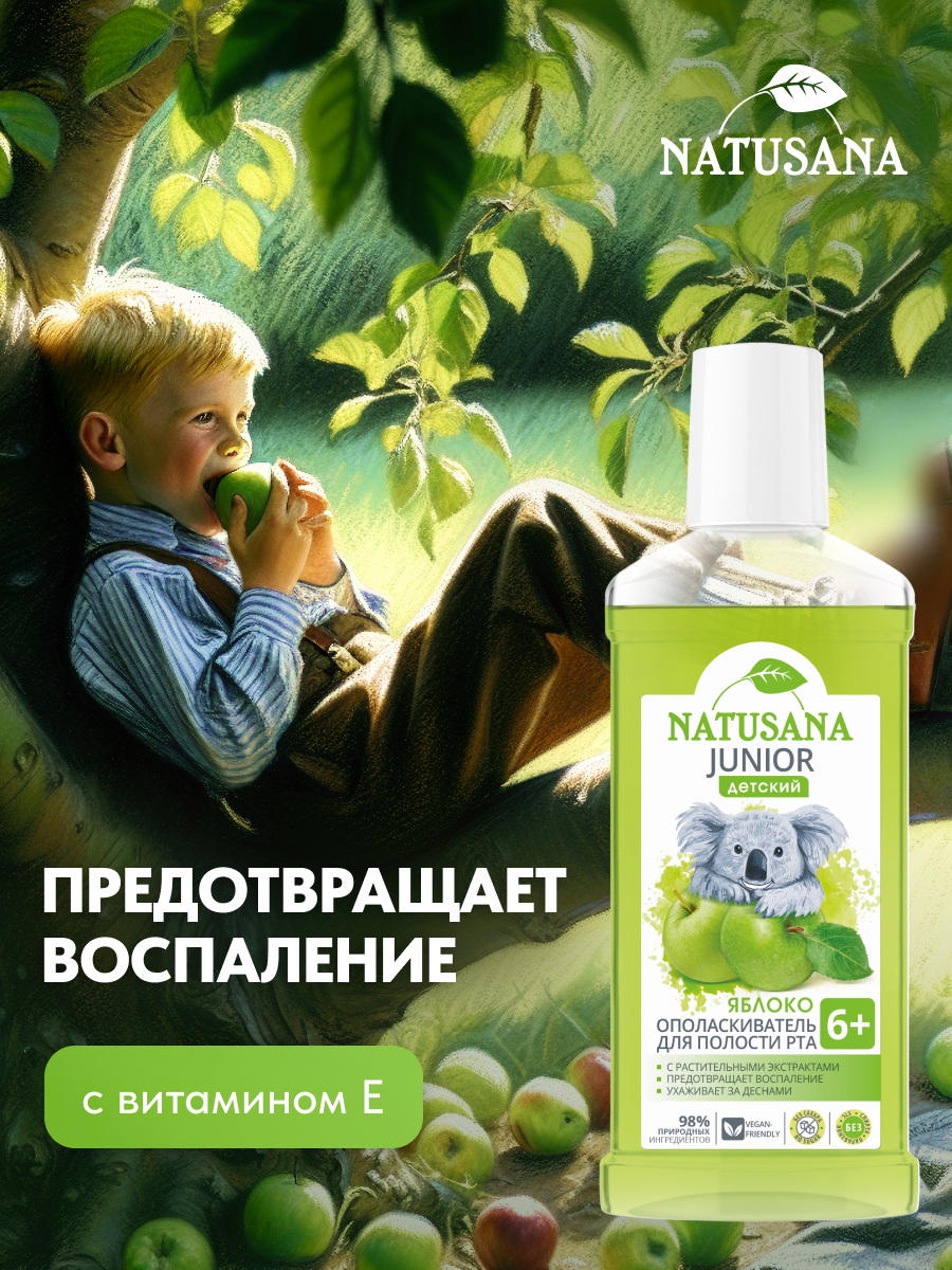 Изображение Детский ополаскиватель NATUSANA Junior 6+ со вкусом яблока и NATUSANA Junior 6+ со вкусом клубники, 2 по 250 мл