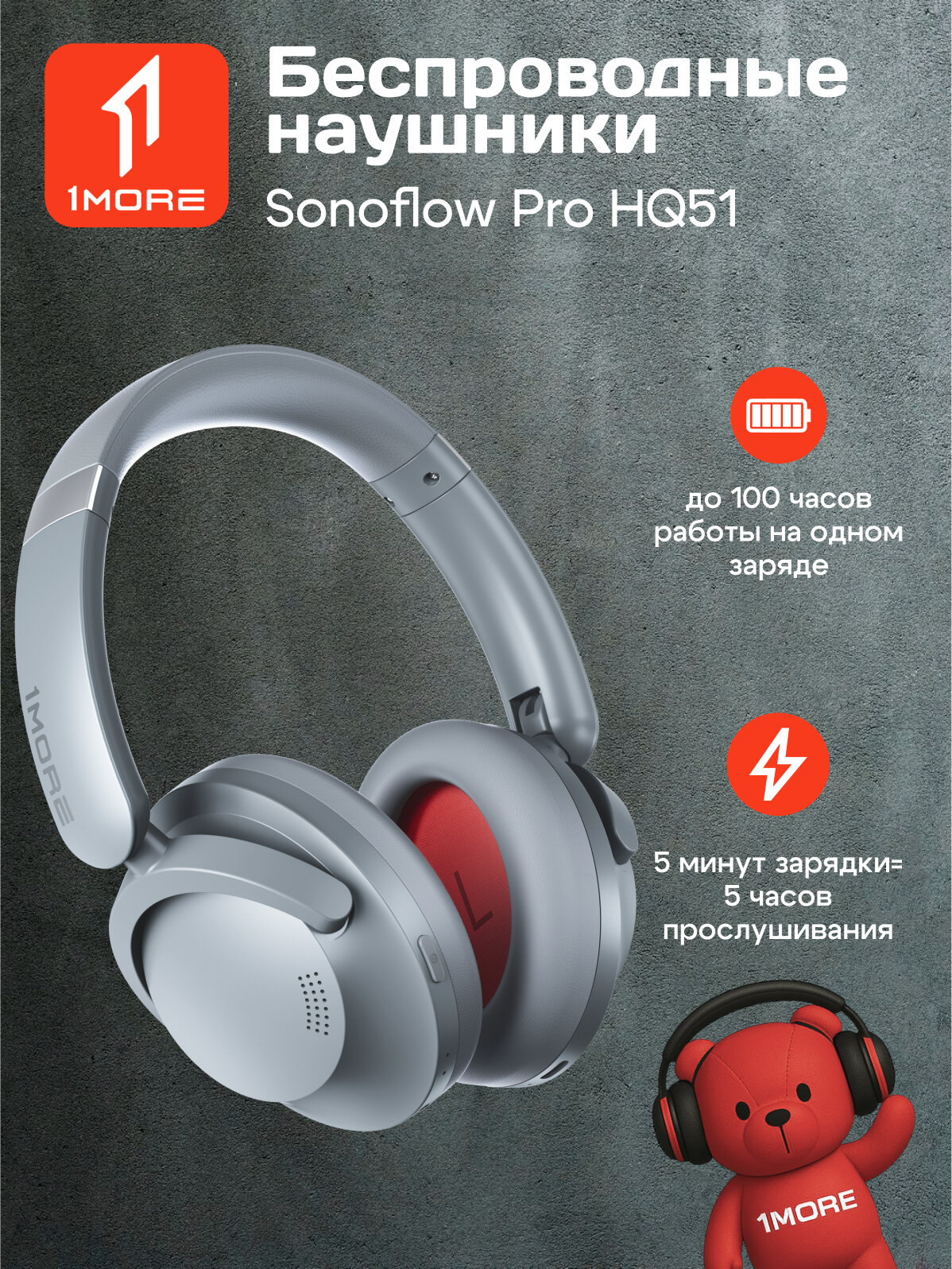 Наушники беспроводные накладные 1MORE SONOFLOW SE HQ51 с активным шумоподавлением, серебряный