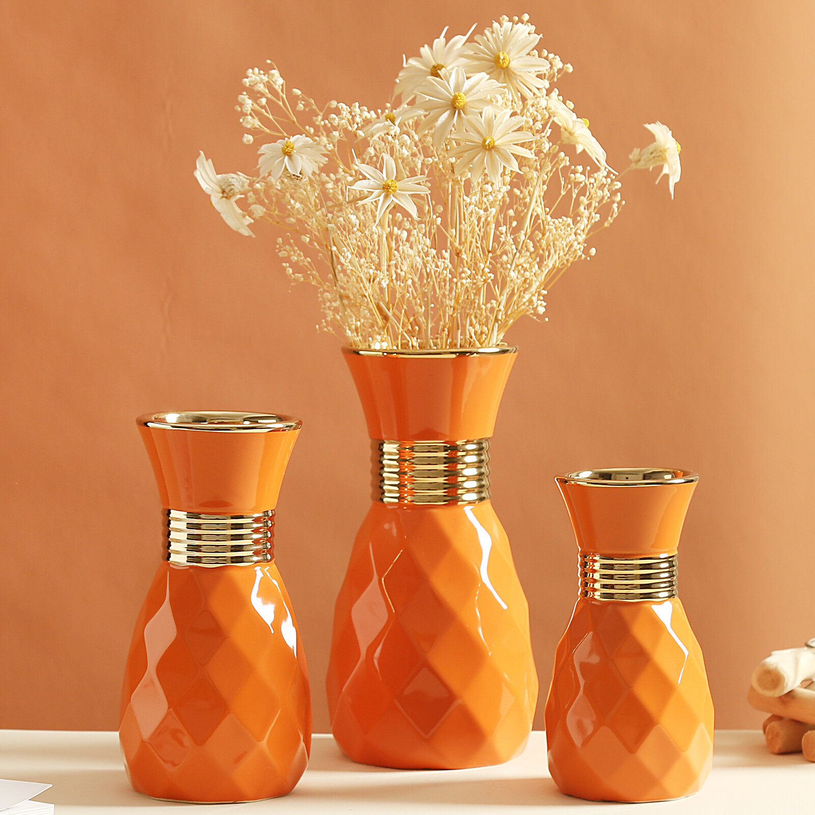 Ваза настольная керамическая "Лира" 0,9л, оранжевый, с золотом, глянцевая глазурь