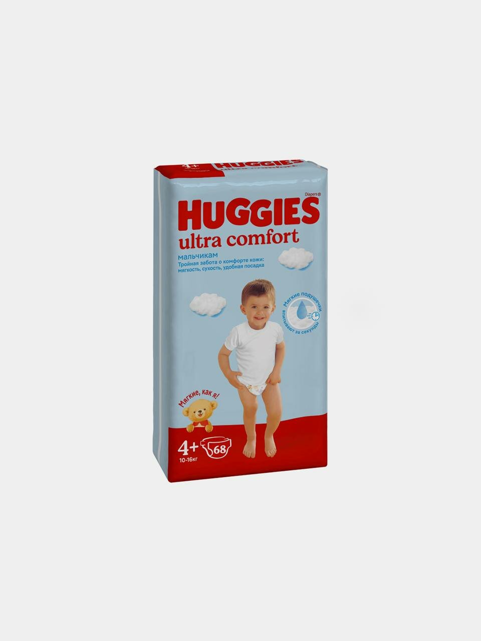 Подгузники Huggies Ultra Comfort для мальчиков с липучкой, 4+, 68 штук, 10-16 кг