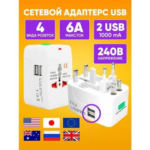 фото Сетевой адаптер "путешественник" переходник на евровилку универсальный с 2x usb разъемами, переходники на иностранные розетки us/uk/aus/nz/eu / сша, европы, англии, китай abs