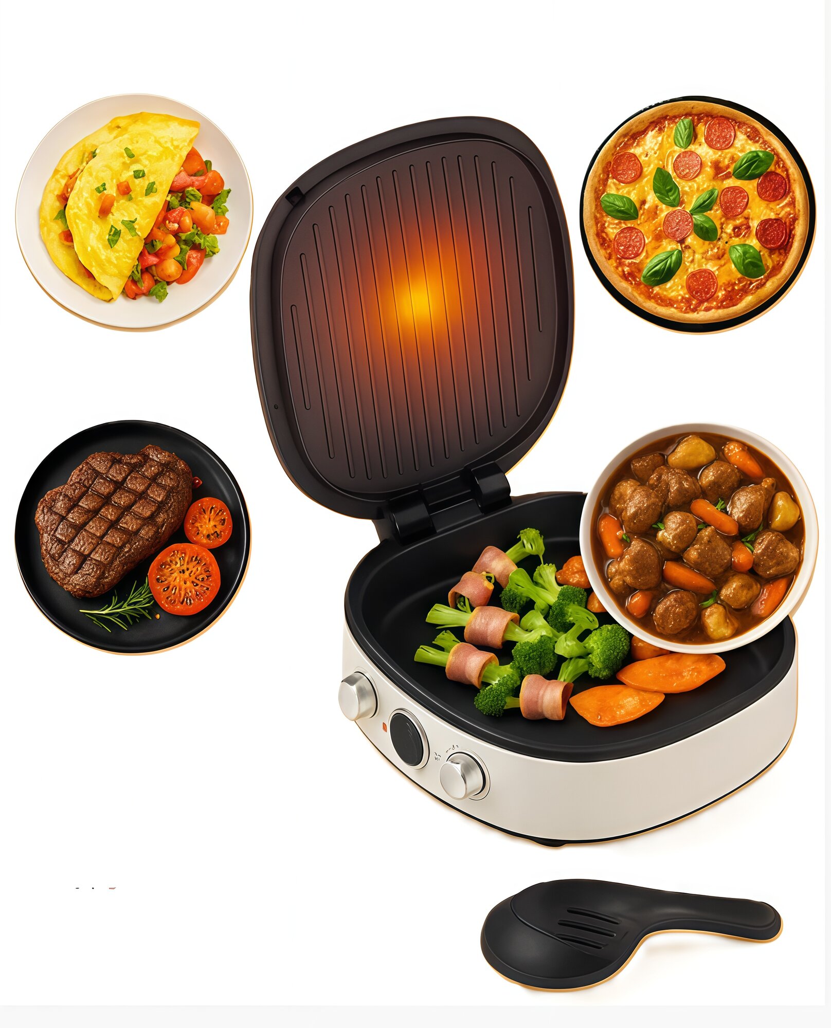 Сковорода электрическая ORVICA, антипригарное покрытие, нержавейка, 1400 Вт, белая, с крышкой