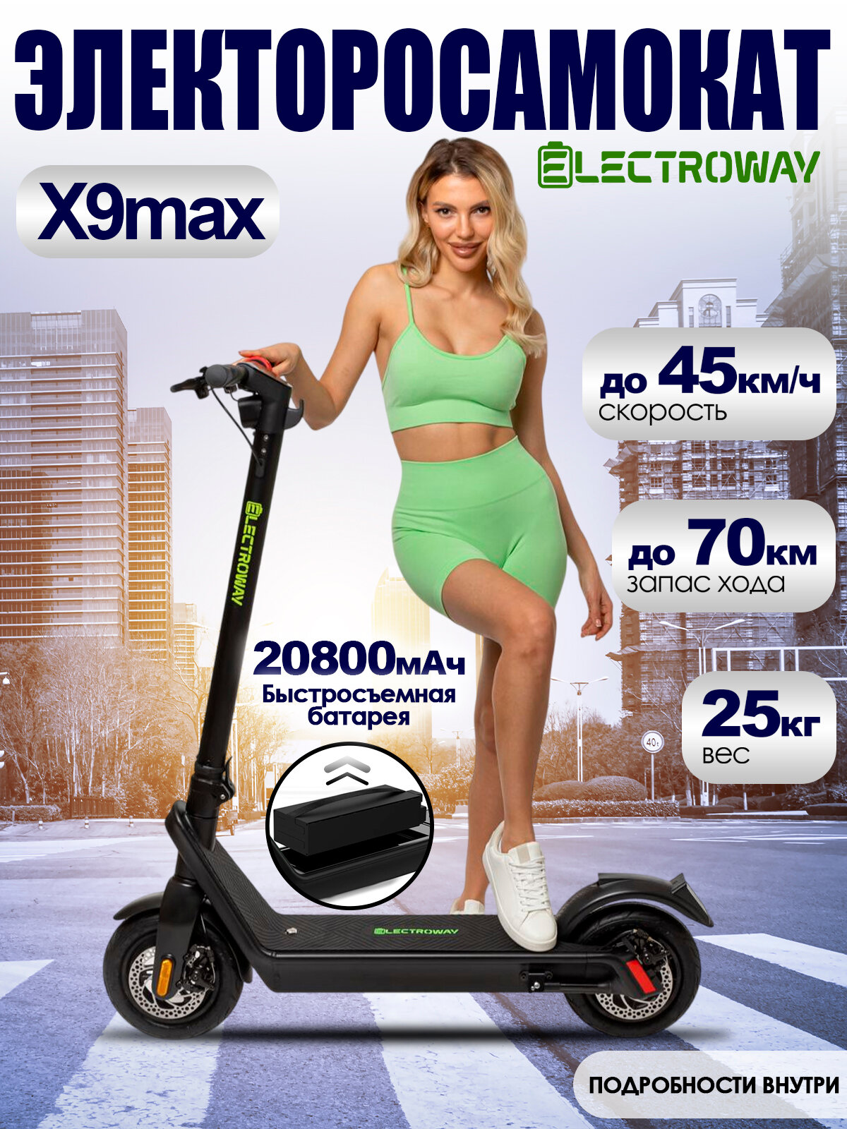 Электросамокат с быстросъемной батареей ELECTROWAY X9max. Электрический самокат городской складной для взрослых