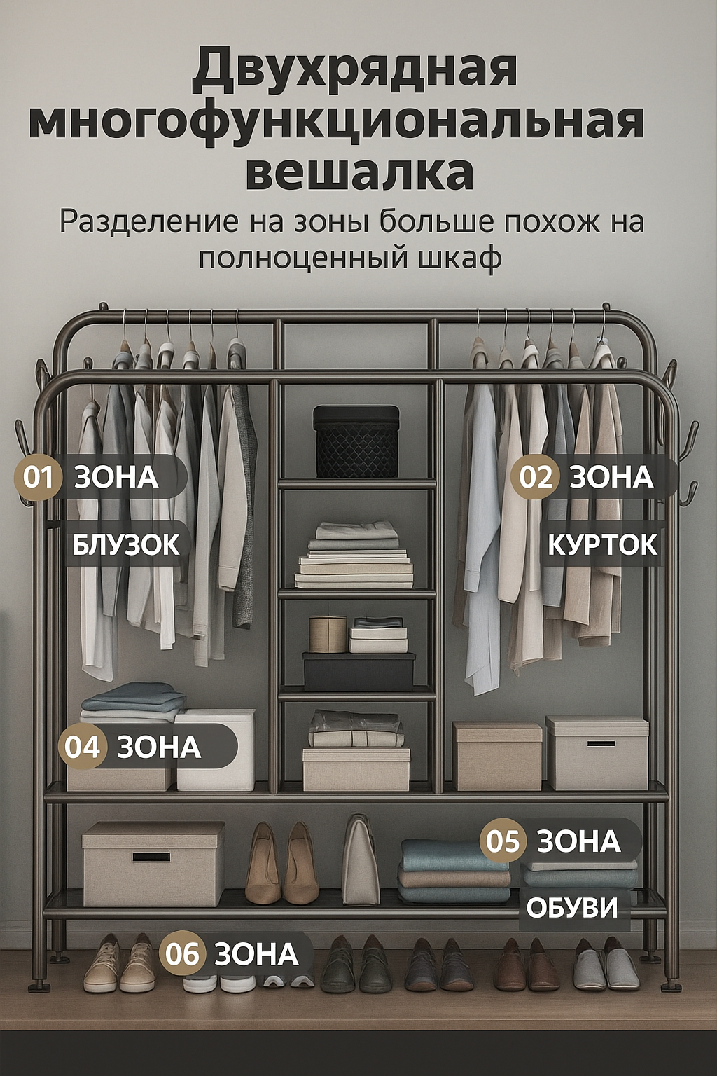 Вешалка напольная для одежды металлическая, гардеробная без колес, мебель для вашего помещения.