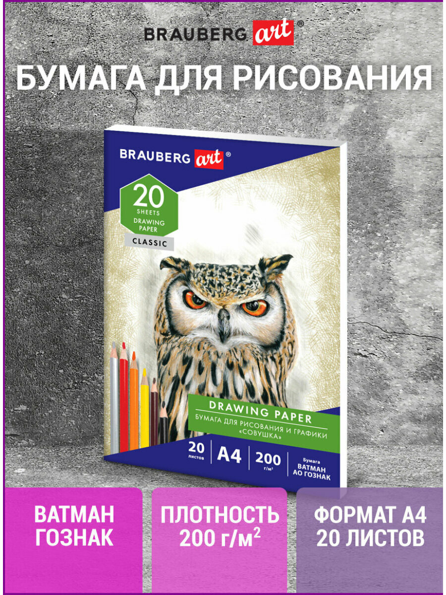 Бумага для рисования и графики в папке А4 20 л 200 г/м2 Ватман Гознак Brauberg Art Classic 114492
