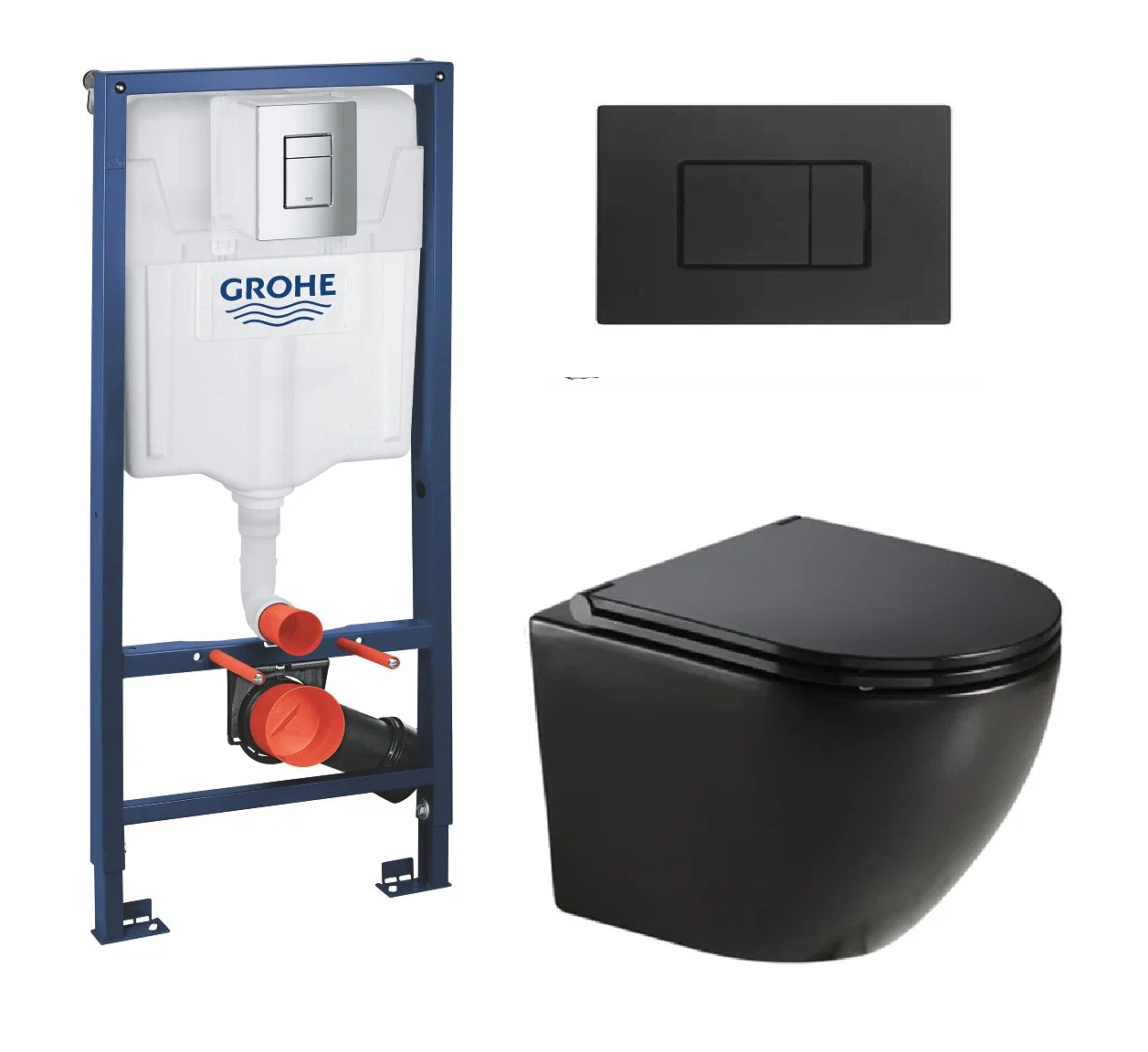 Комплект ПЭК унитаз черный матовый с сиденьем микролифт и инсталляцией GROHE Rapid SL с черной квадратной кнопкой 38772001
