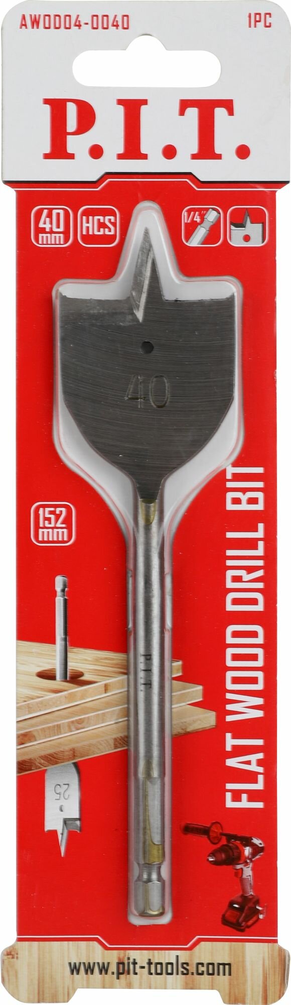 Сверло по дереву перовое P.I.T. Ø40x152мм, хвостовик HEX 1/4"/6,35мм (AWOD04-0040)