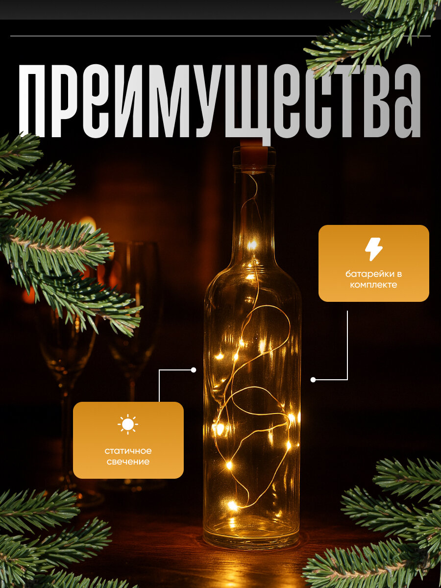 Гирлянда «Нить» 1 м роса с пробкой, IP20, серебристая, 10 LED, батарейки LR44х3 (в комплекте), свечение тёплое белое — фото 1