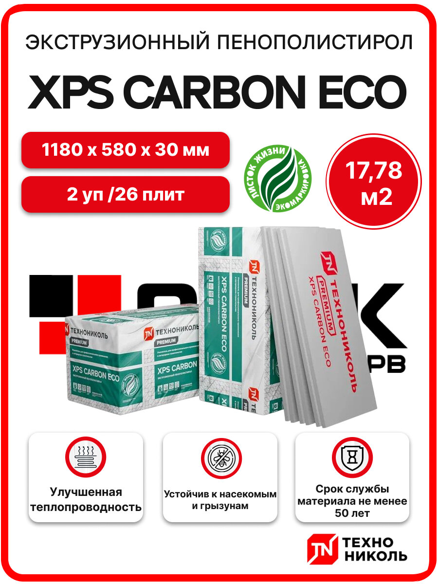 Технониколь XPS CARBON ECO 30 мм (2уп /17794м2/ 26 плит) утеплитель из пенополистирола (эппс) для фасада стен крыши пола