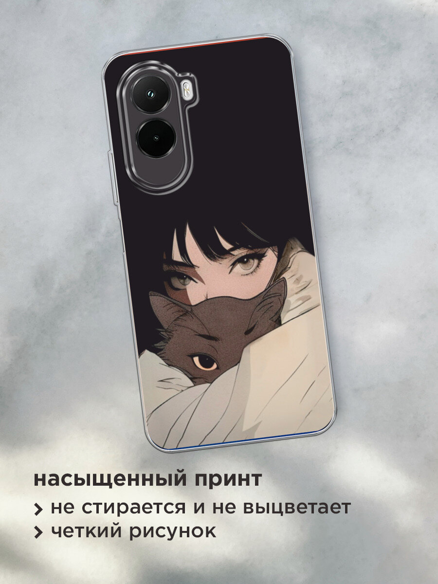 Чехол на Poco M7 4G / Поко М7 4G с принтом Аниме девушка с котиком — фото 1