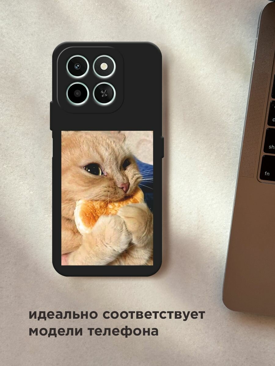 Черный матовый чехол на Honor X6c / Хонор X6c с принтом "Котик кушает" — фото 1