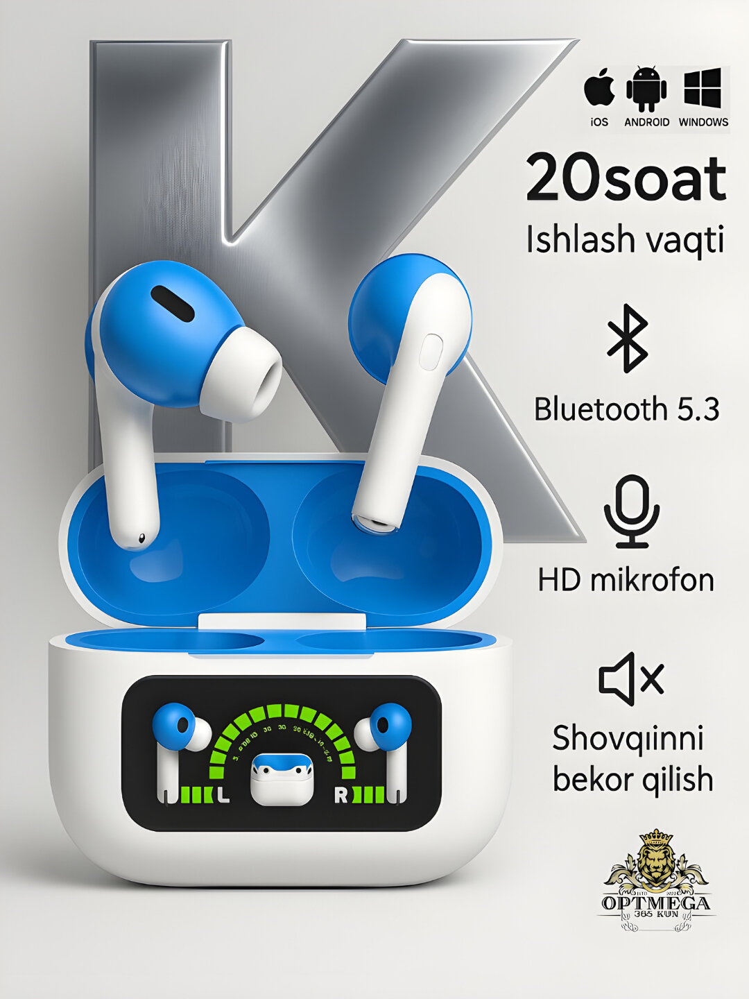 Беспроводные наушники K18 Max, PRO ANC/ENC мощные басы и длительная работа, Pods Pro - Синий