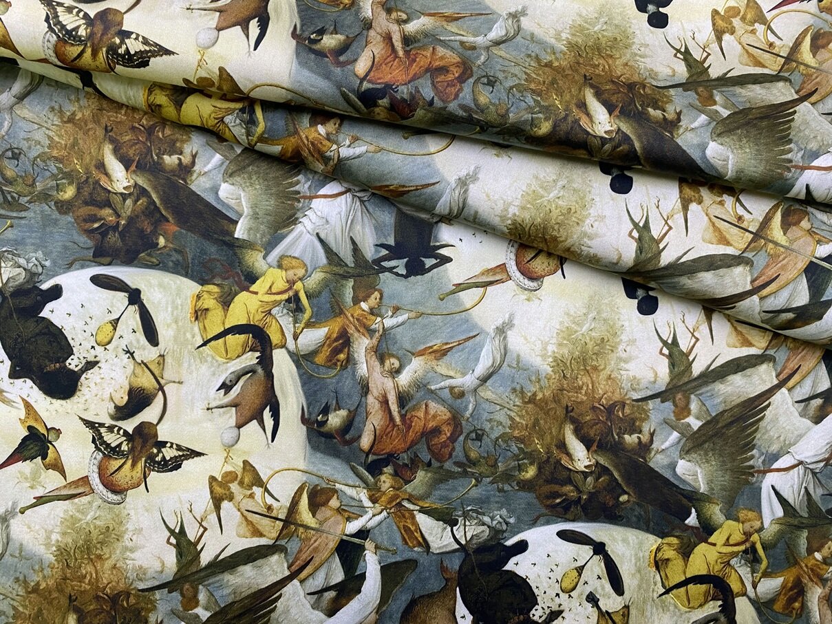 Ткань Хлопок серо-бежевого цвета с принтом Брейгеля 13654