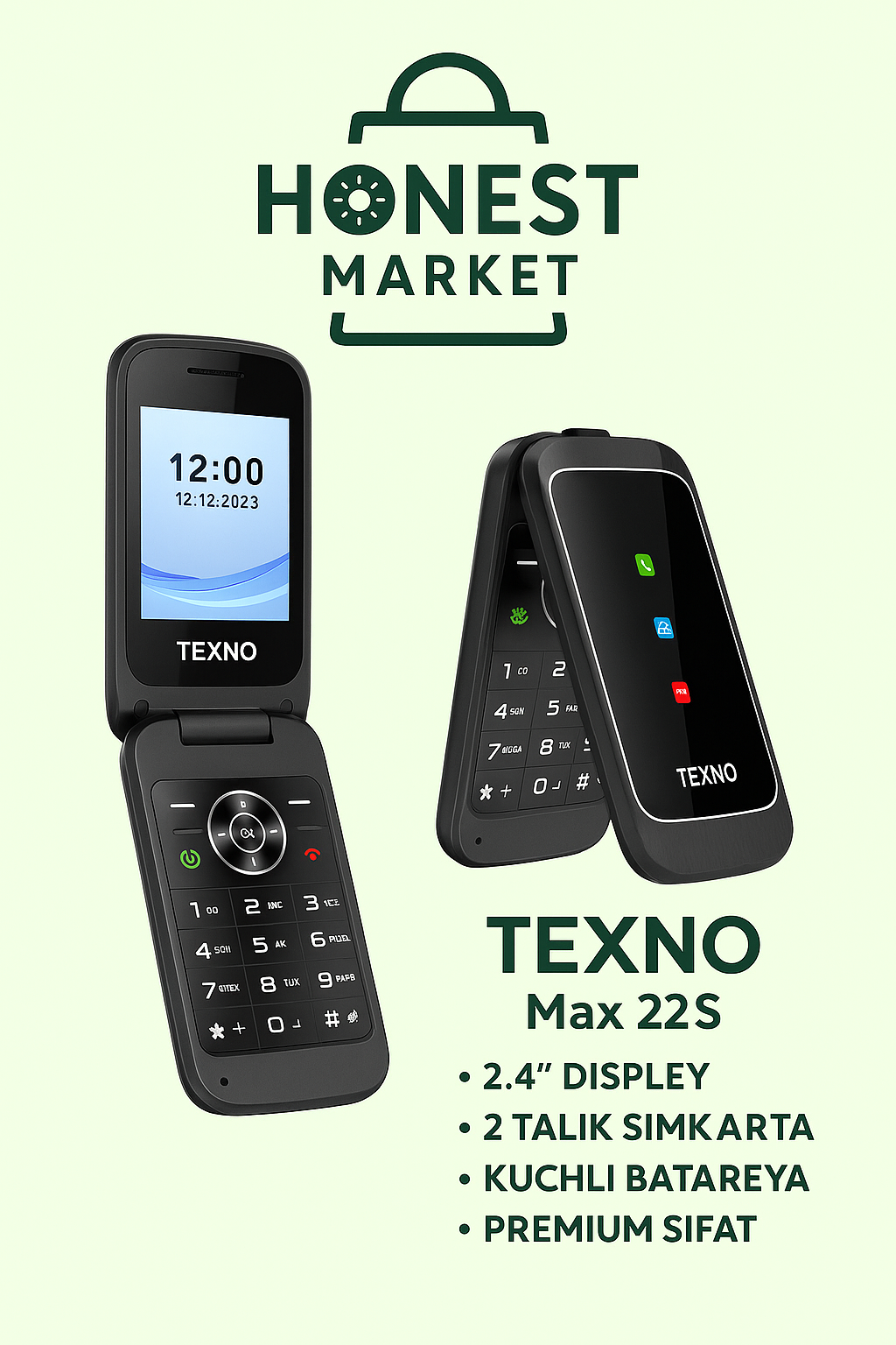 TEXNO MAX 22S — Раскладной телефон (две SIM-карты, большая батарея, мощный фонарик) черный
