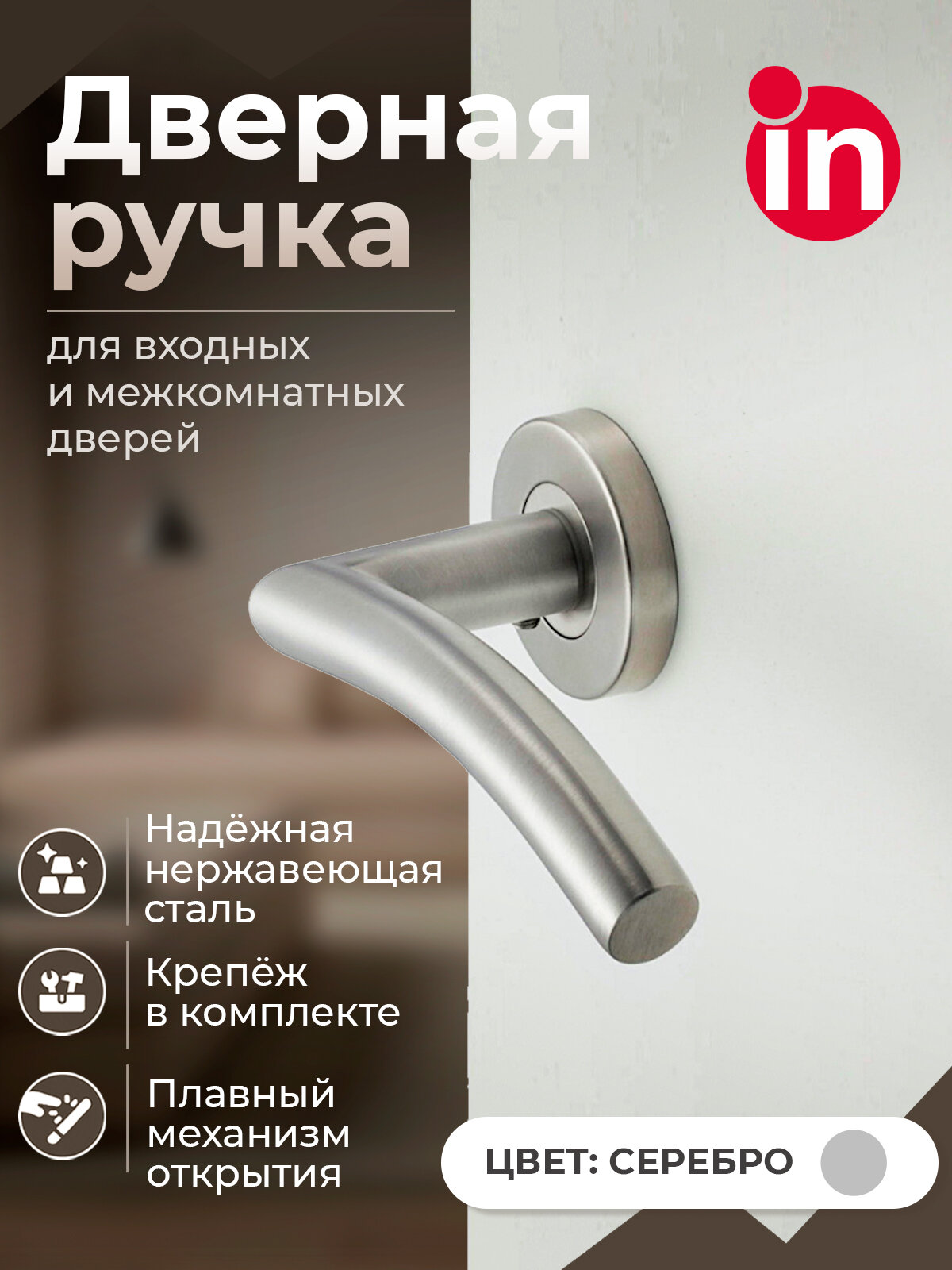 INRED Ручка дверная межкомнатная IN.14.3002. SS, дверные ручки комплект, цвет серебро