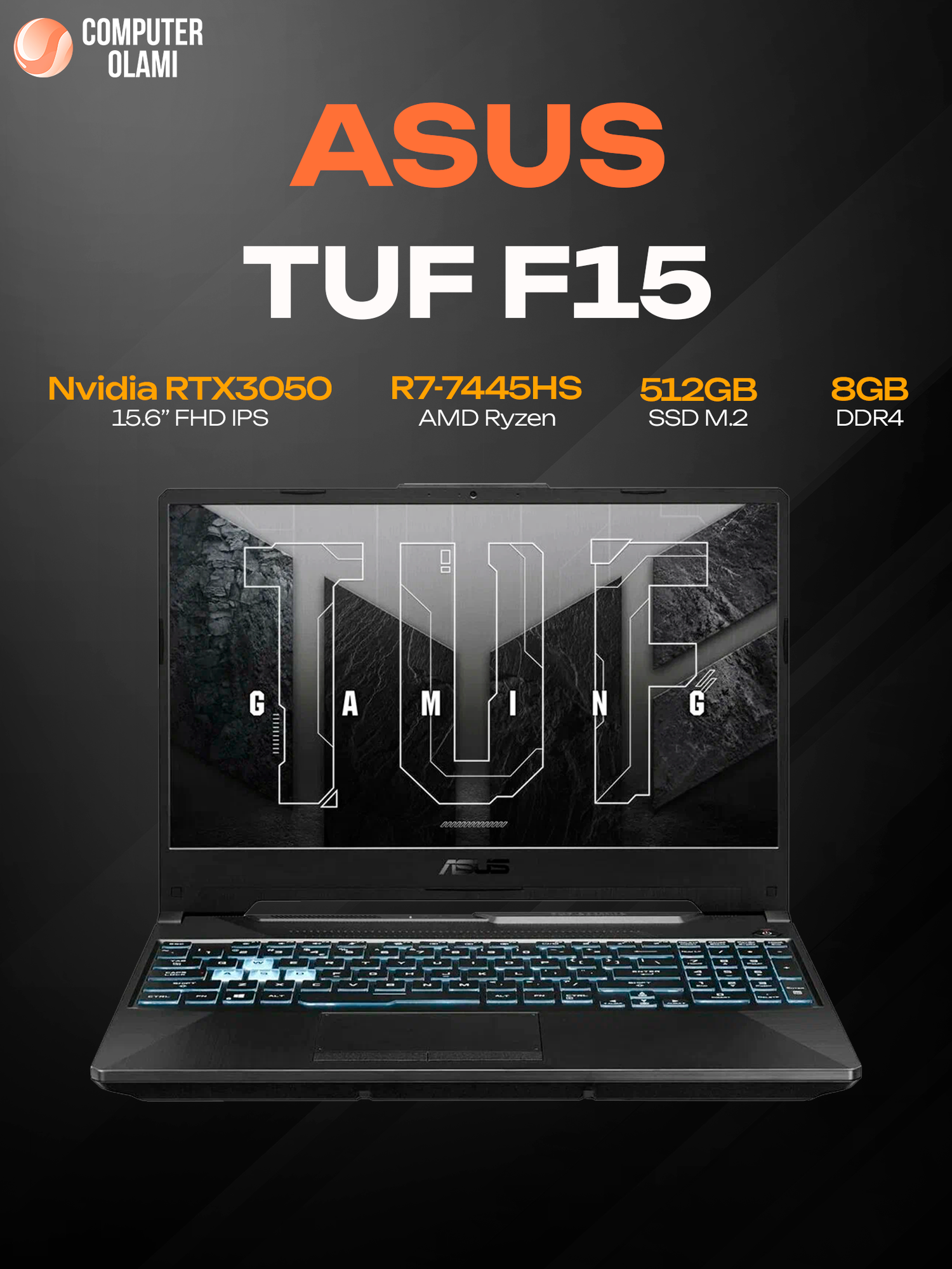 Игровой ноутбук ASUS TUF Gaming FA506N, Ryzen 7-7445HS, 8/512 ГБ, RTX 3050 4 ГБ, 15.6" FHD IPS