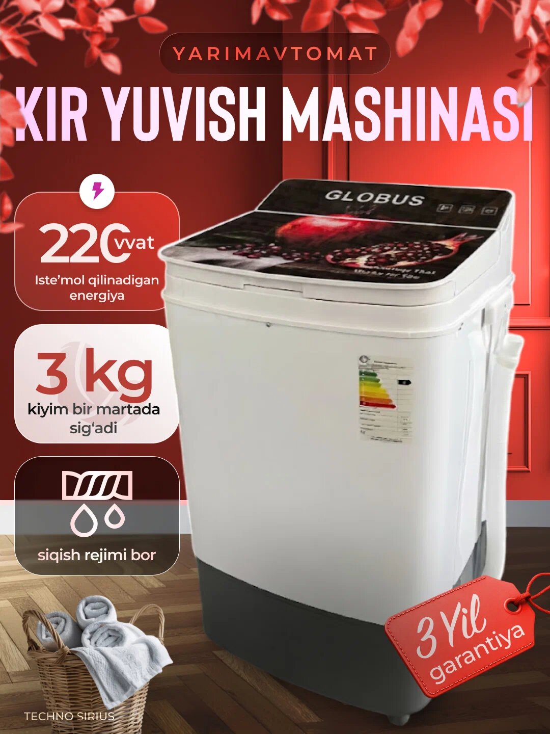 Стиральная машина Globus xpb30, вертикальная загрузка, черная, 3 кг