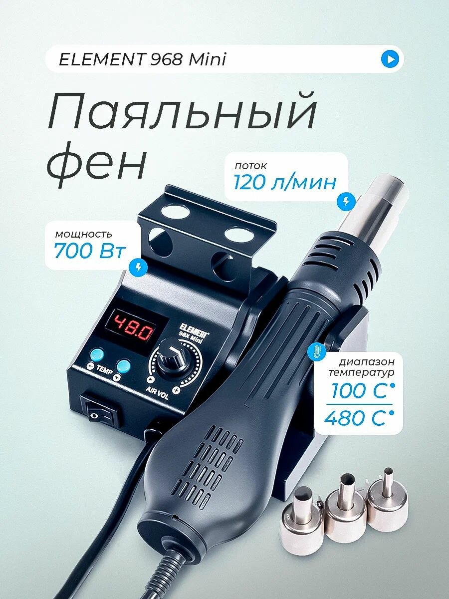 Паяльная станция с термо феном шнур с евровилкой и цифровым дисплеем ELEMENT mini