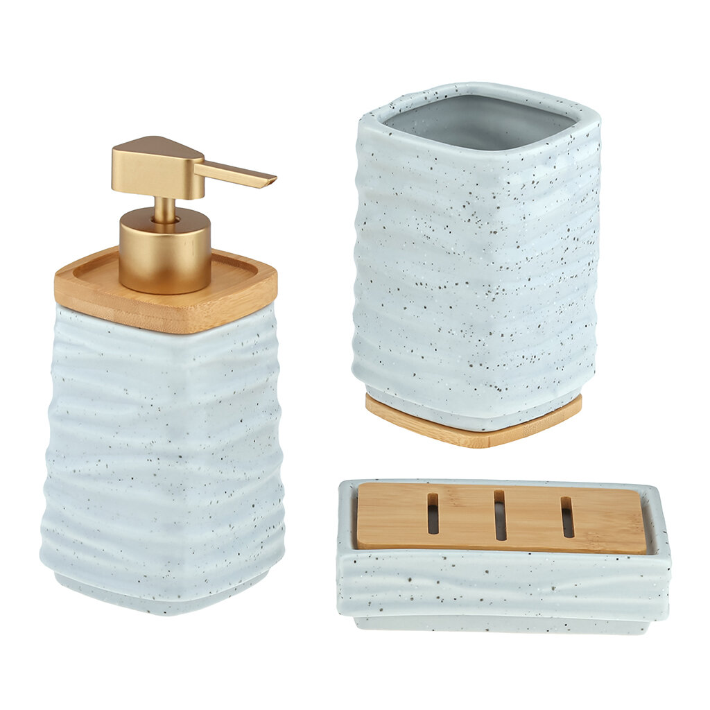 Набор для ванной КНР "Бамбук" 3 предмета: дозатор для жидкого мыла 400 мл; мыльница 12,2х7,9х3,5; стакан для зубных щеток 440 мл; фурнитура бамбук, пластик "под золото", керамика, рельефная, голубой меланж (ZT-2515-B)
