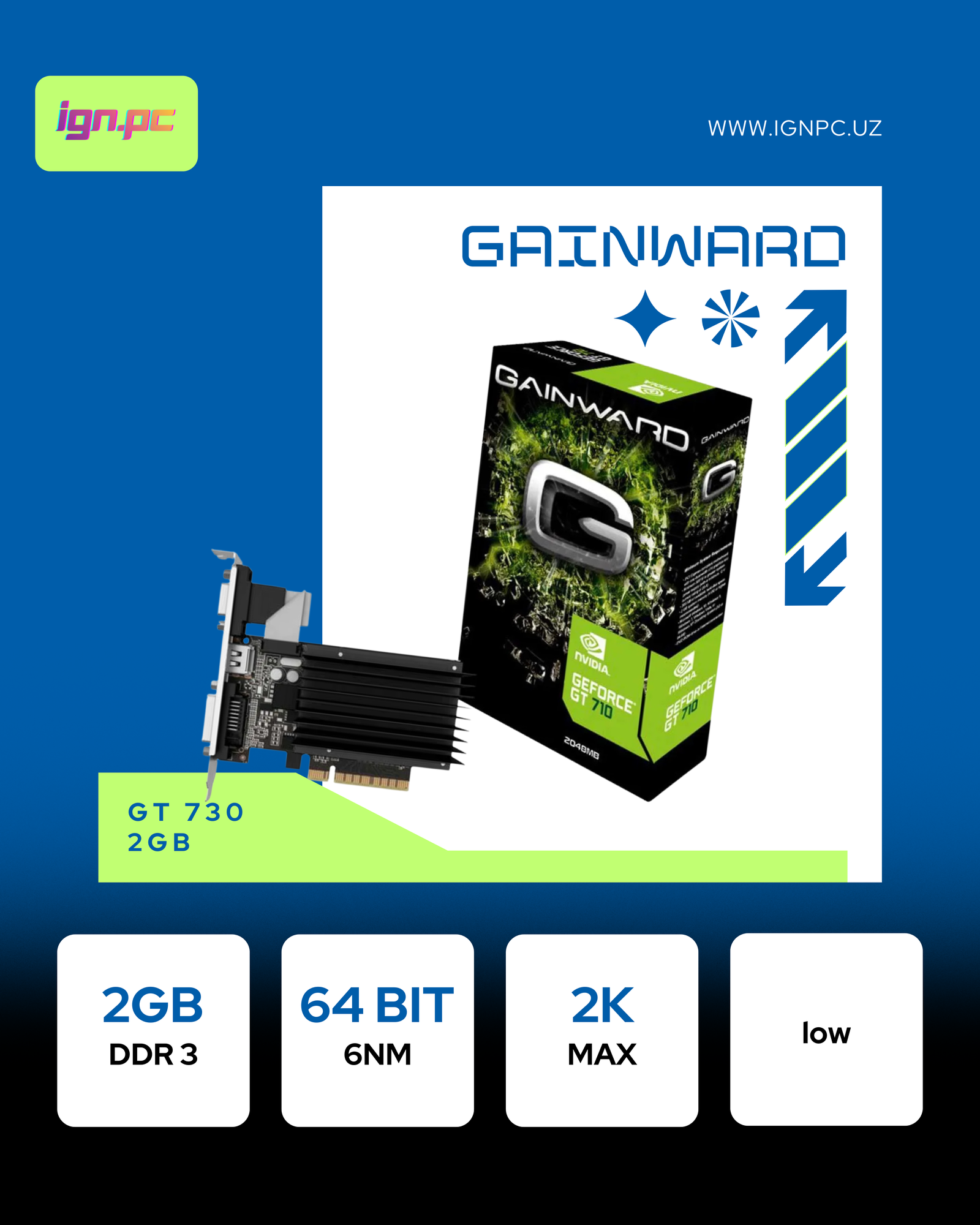 Видеокарта Gainward NEAT7300HD46-2080H, 2ГБ, GeForce GT730, DDR3, 64bit, CRT, DVI, HDMI
