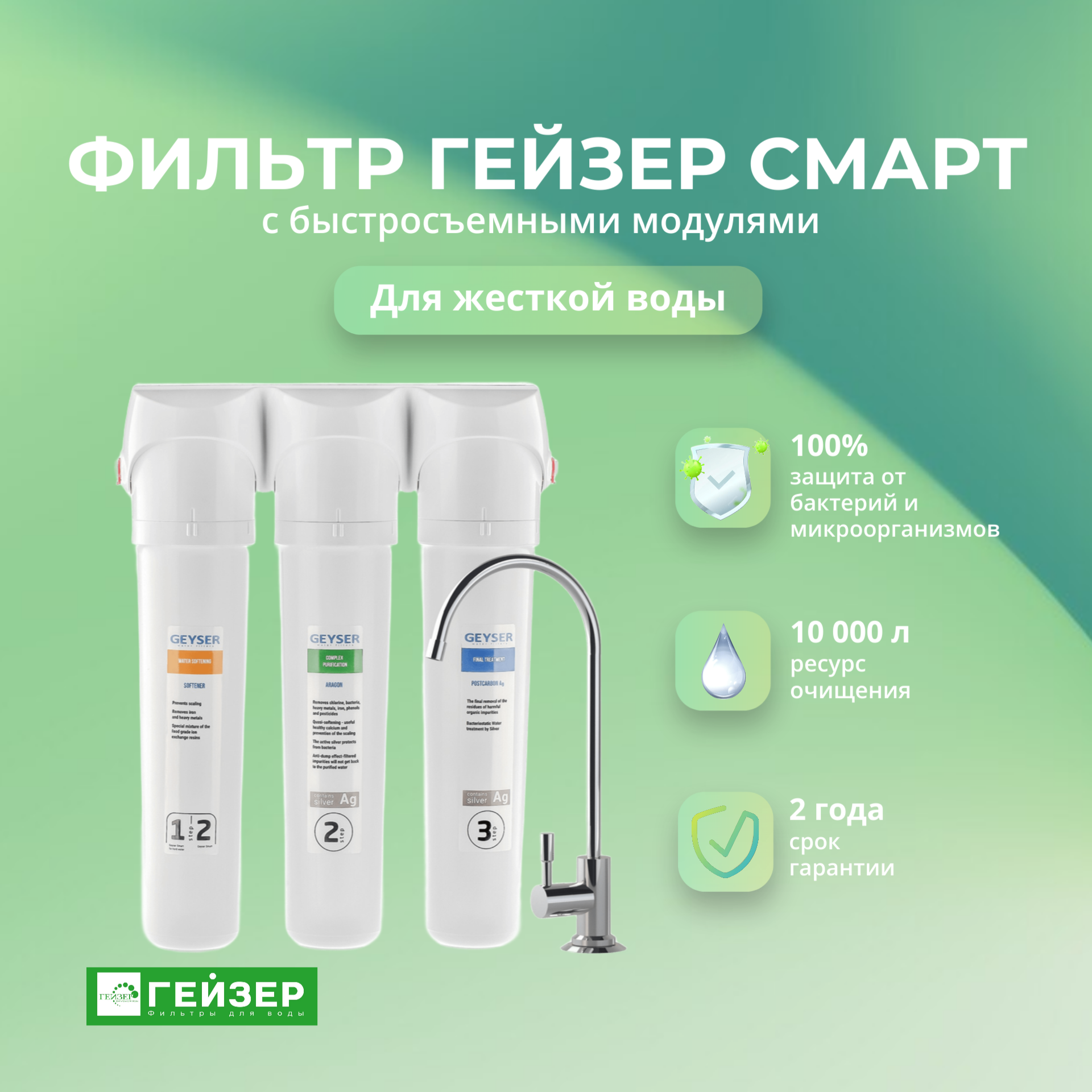 Фильтр для воды под мойку Гейзер Смарт для жесткой воды С быстросъемными модулями Артикул: 16026