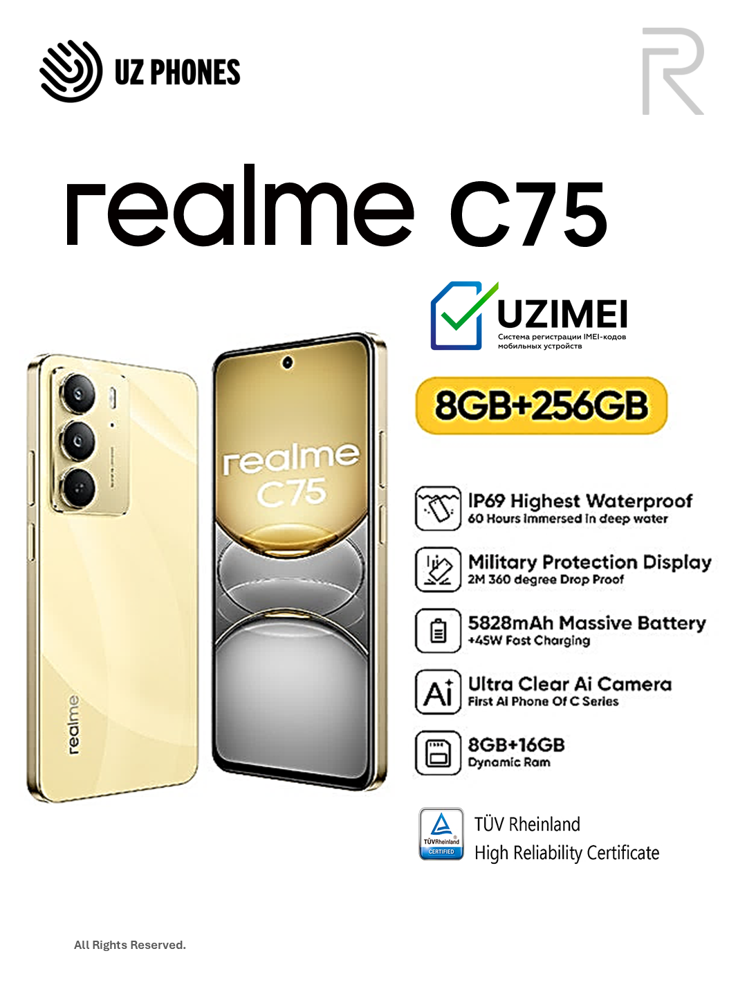 Смартфон Realme C75, FHD+ 90 Hz дисплей, 5828 mAh, 45W, 8/256ГБ, черный