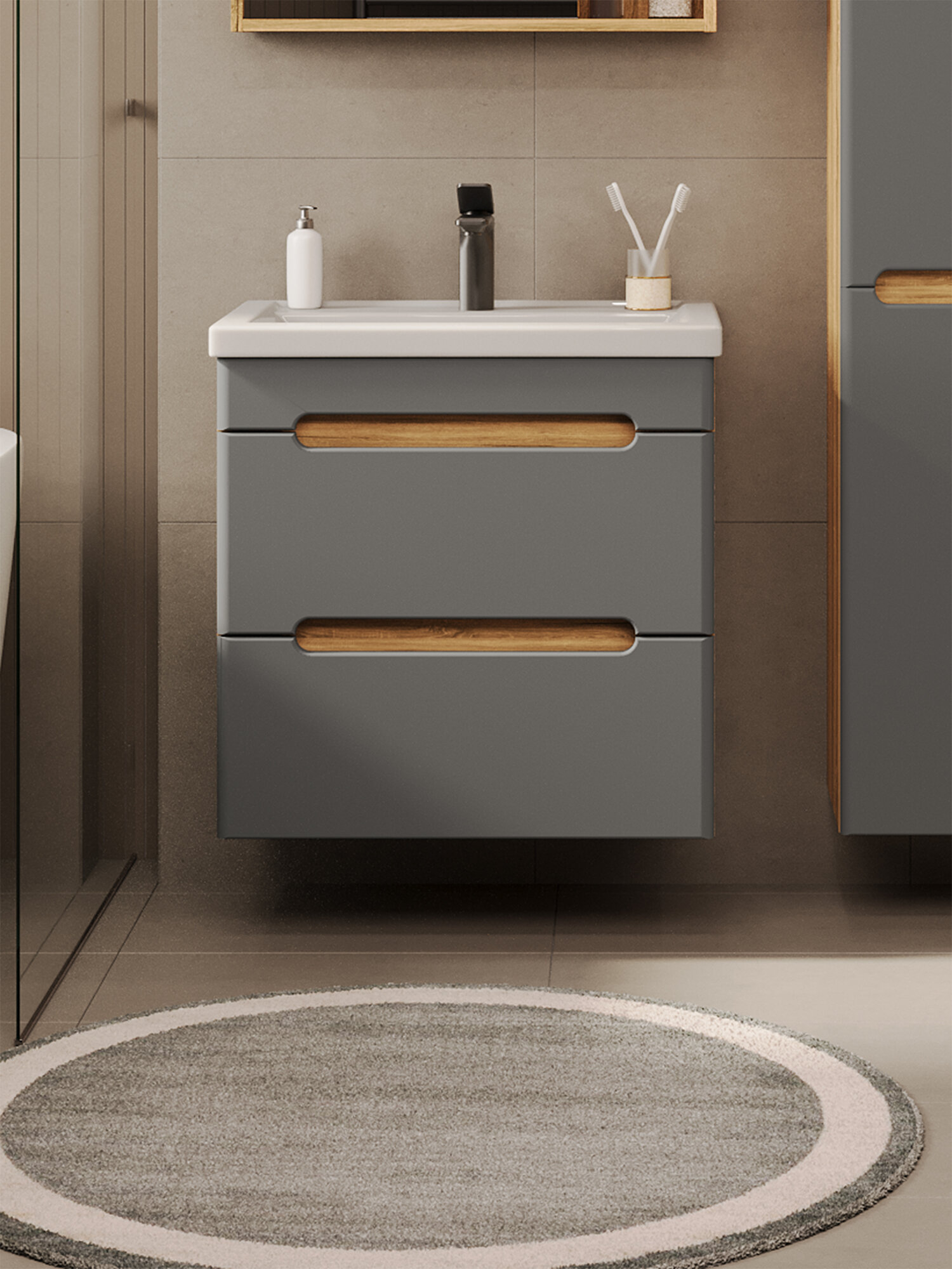 Тумба подвесная Vannika Canto 60 без раковины для ванной комнаты, дуб вотан, графит софт