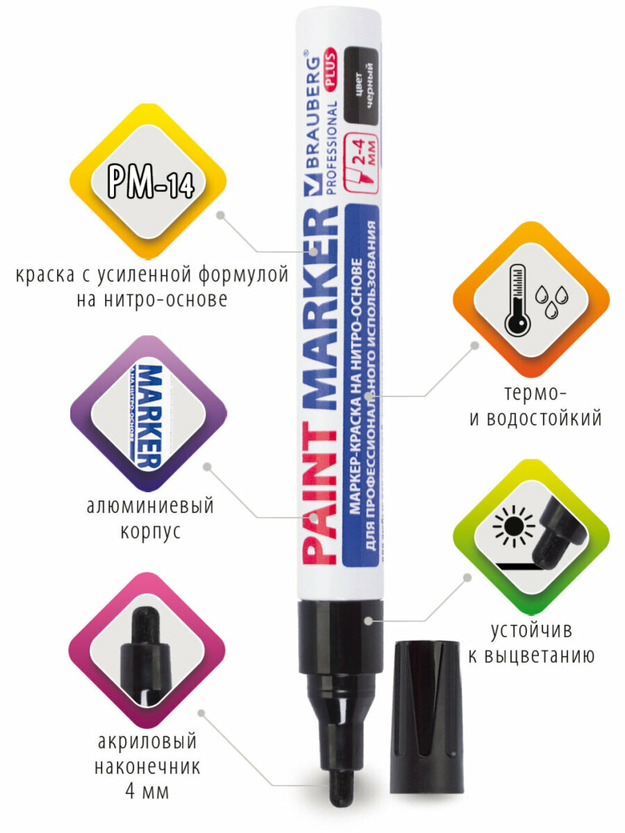 Маркер-краска лаковый paint marker по стеклу/бетону/авто 4 мм, Черный, Нитро-основа, Brauberg Professional Plus, 151445 — фото 1