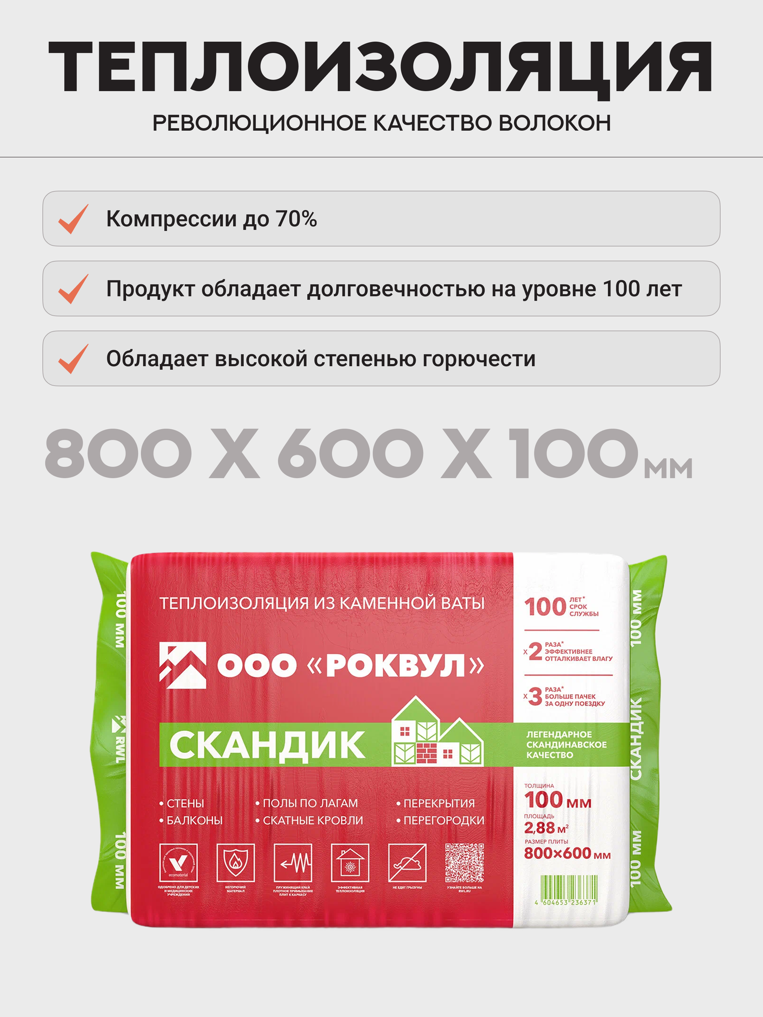 Утеплитель Роквул Скандик 800х600х100 мм 6 плит / 28 м2 / 0288 м3. Теплоизоляция каменная вата Rockwool