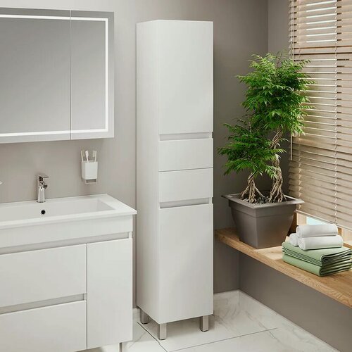 Изображение товара Шкаф-пенал для ванной Emmy Джерси 35 R 35 см, белый, глянцевый, с ящиком, с дверками, из МДФ