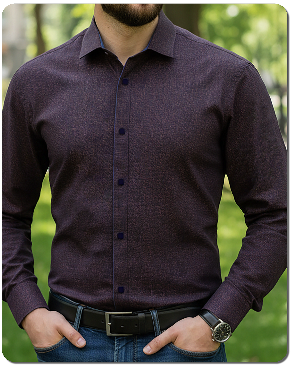 Рубашка приталенная с длинным рукавом мужская рубашка, темная сорочка, на кнопках, рубаха на любой сезон, синяя в мелкий рисунок, без карманов, с отделкой рубашка Slim fit с приталенным кроем зауженная