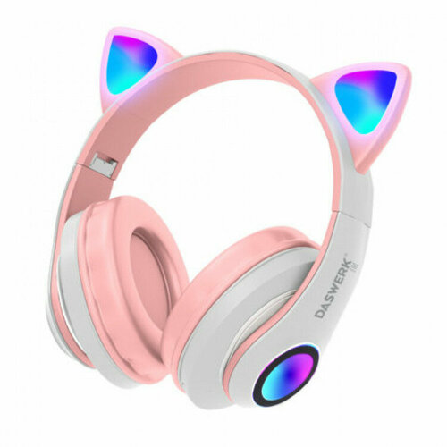 Наушники беспроводные игровые накладные с ушками светящиеся розовые DASWERK STN-28 513802 1034₽