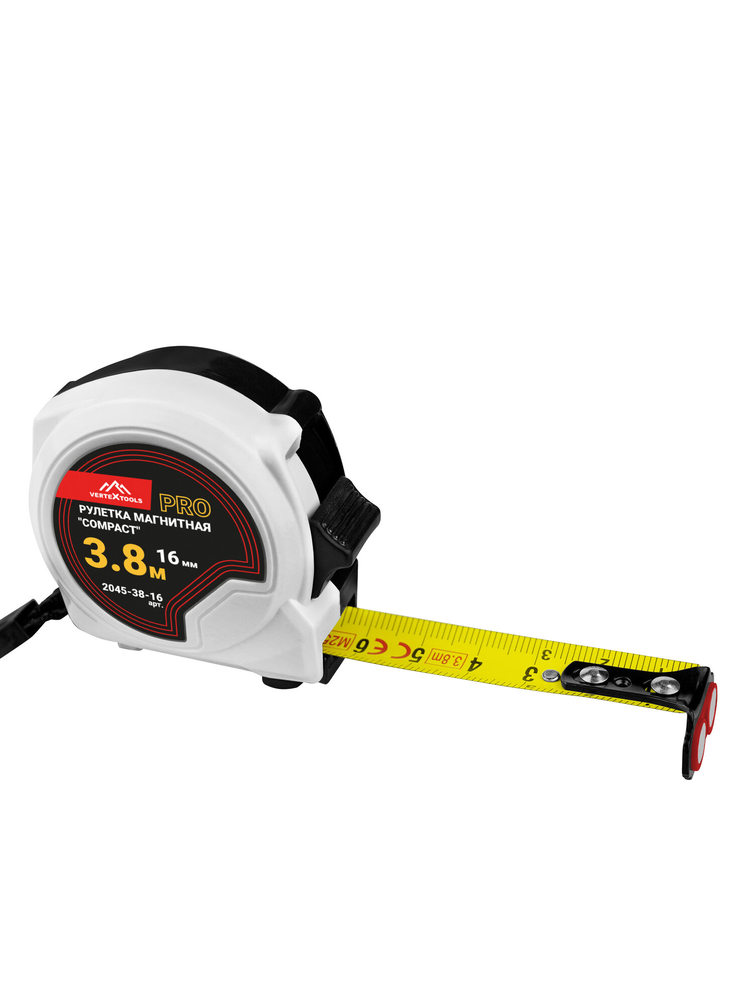 Рулетка измерительная VertexTools COMPACT 3.8 м x 16 мм, автостоп, магнит, нейлоновое покрытие, усиленный корпус — фото 1