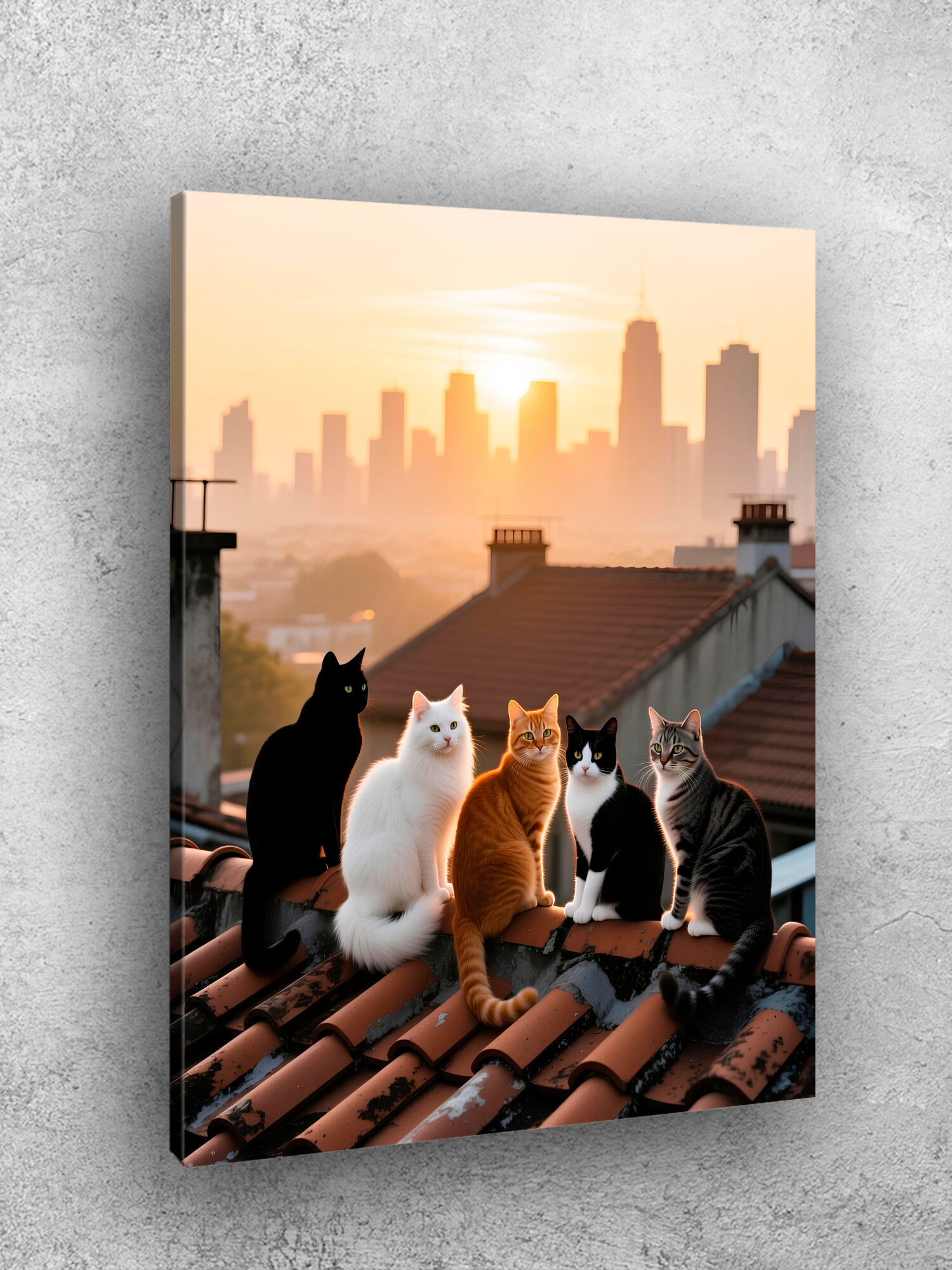 Картина интерьерная на стену ARTERY "Кошки на крыше на закате", печать на холсте, постер на подрамнике, 30х40 см — фото 1